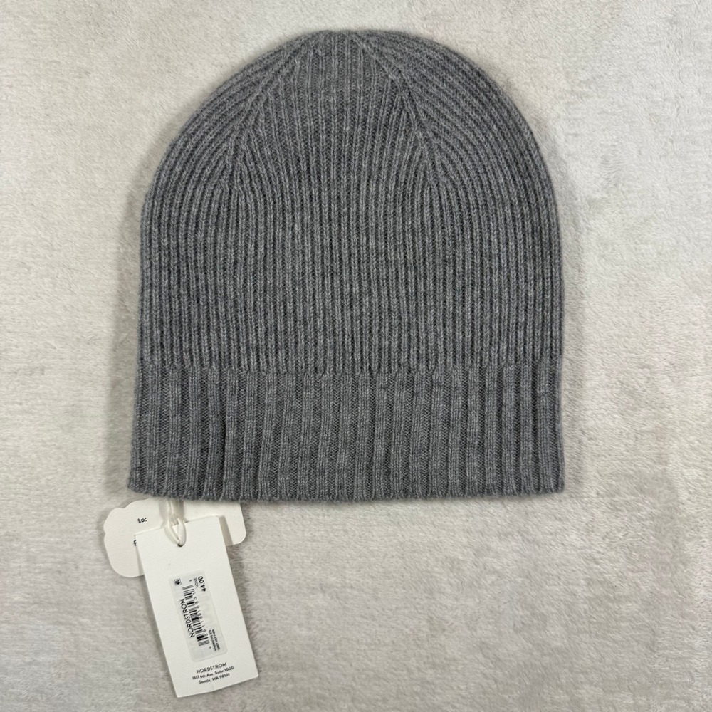 Nordstrom Cashmere Beanie Grey Heather Ribbed Knit Hat NO459001NS NEW - Picture 6 of 7